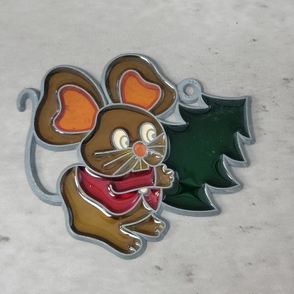 Vintage Stained Mouse Glass Suncatcher Christmas Tree Made In USA